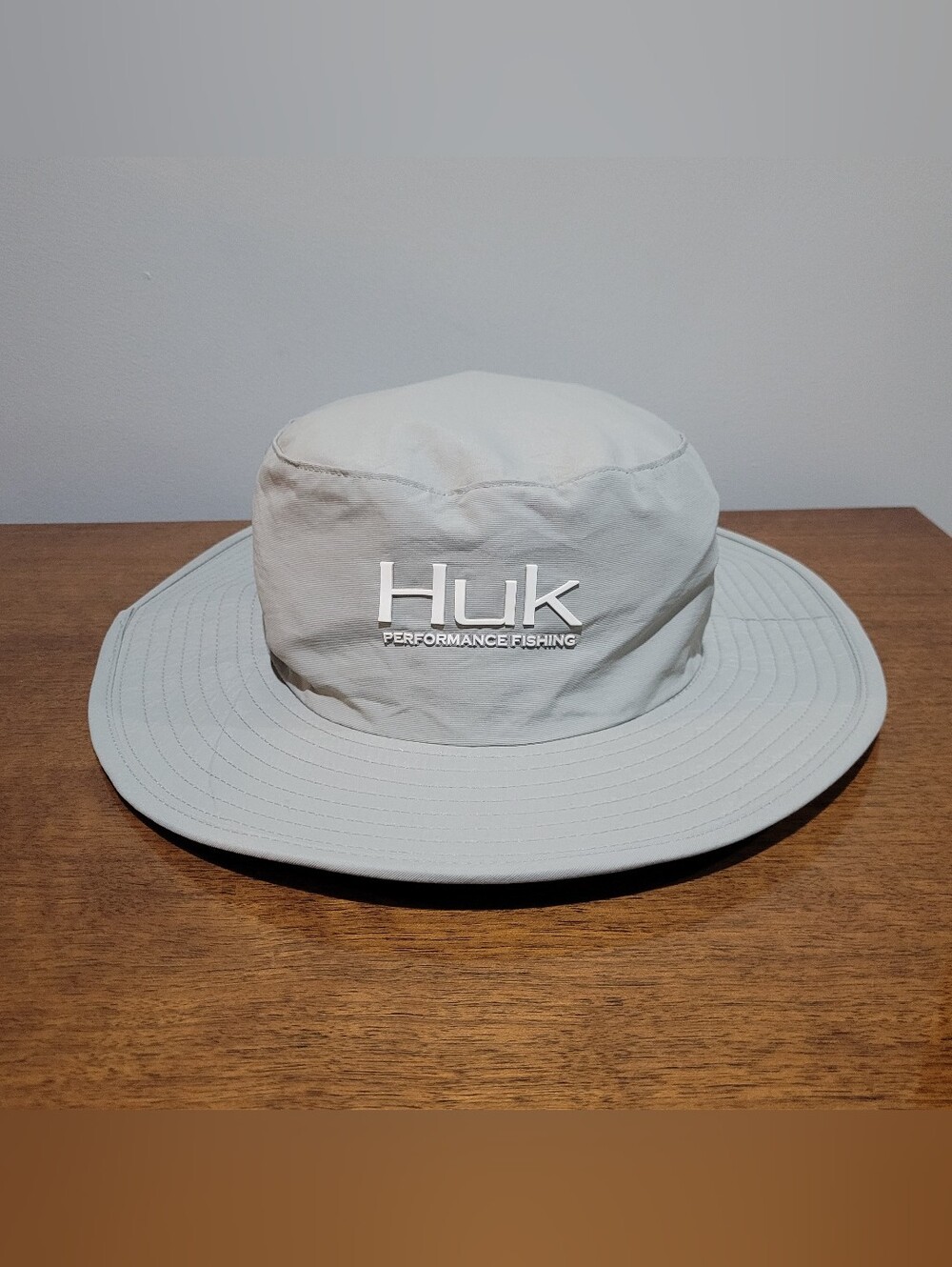 Huk Fishing Bucket Boonie Hat Performance Wide Brim Gray. Chin Strap Is Removed